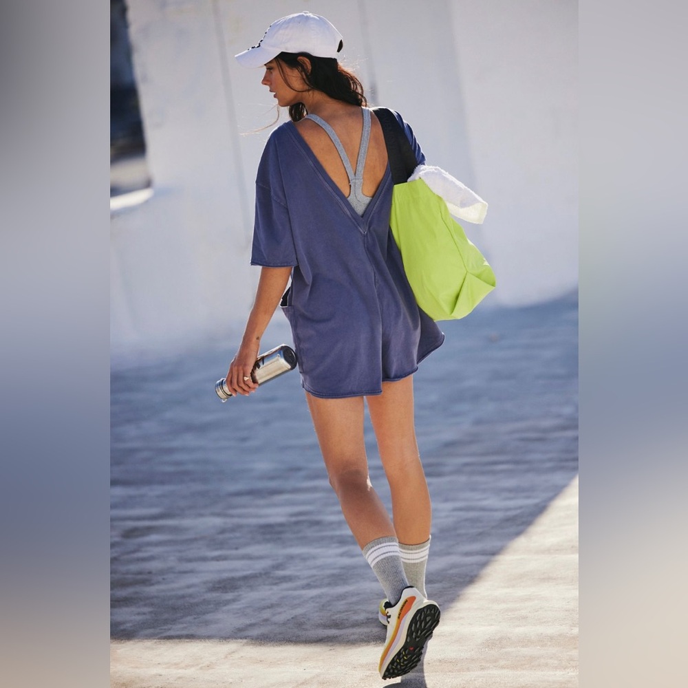 Free People Movement Hot Shot Tee Romper Blue Indigo Small NWOT